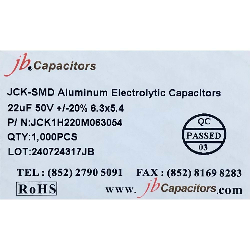 JCK1H220M063054 - 22uF 50V +/-20% 6.3*5.4mm 105' T/R RoHS SMD Aluminum Electrolytic Capacitors