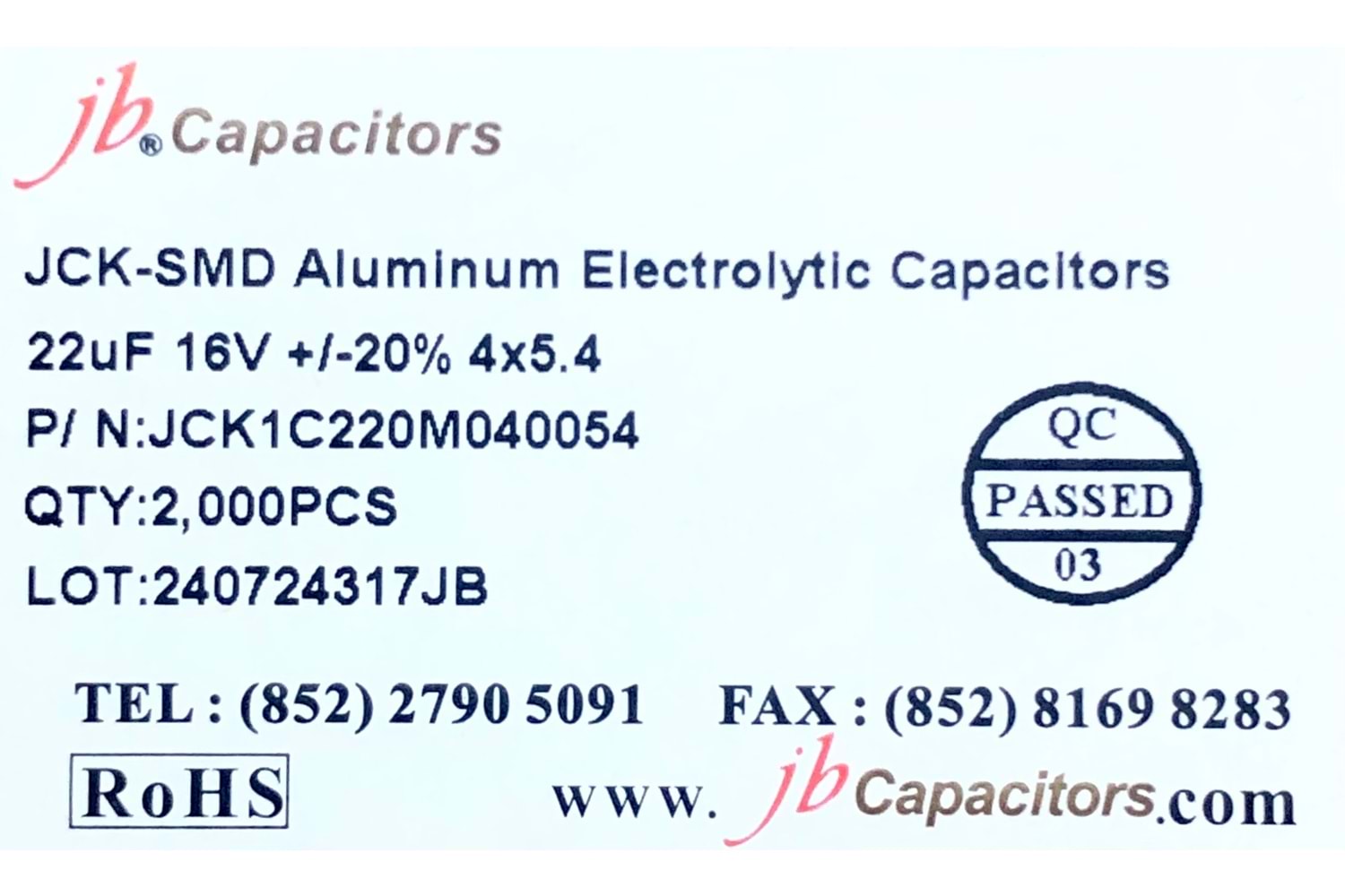 JCK1C220M040054 - 22uF 16V +/-20% 4*5.4mm 105' T/R RoHS SMD Aluminum Electrolytic Capacitors