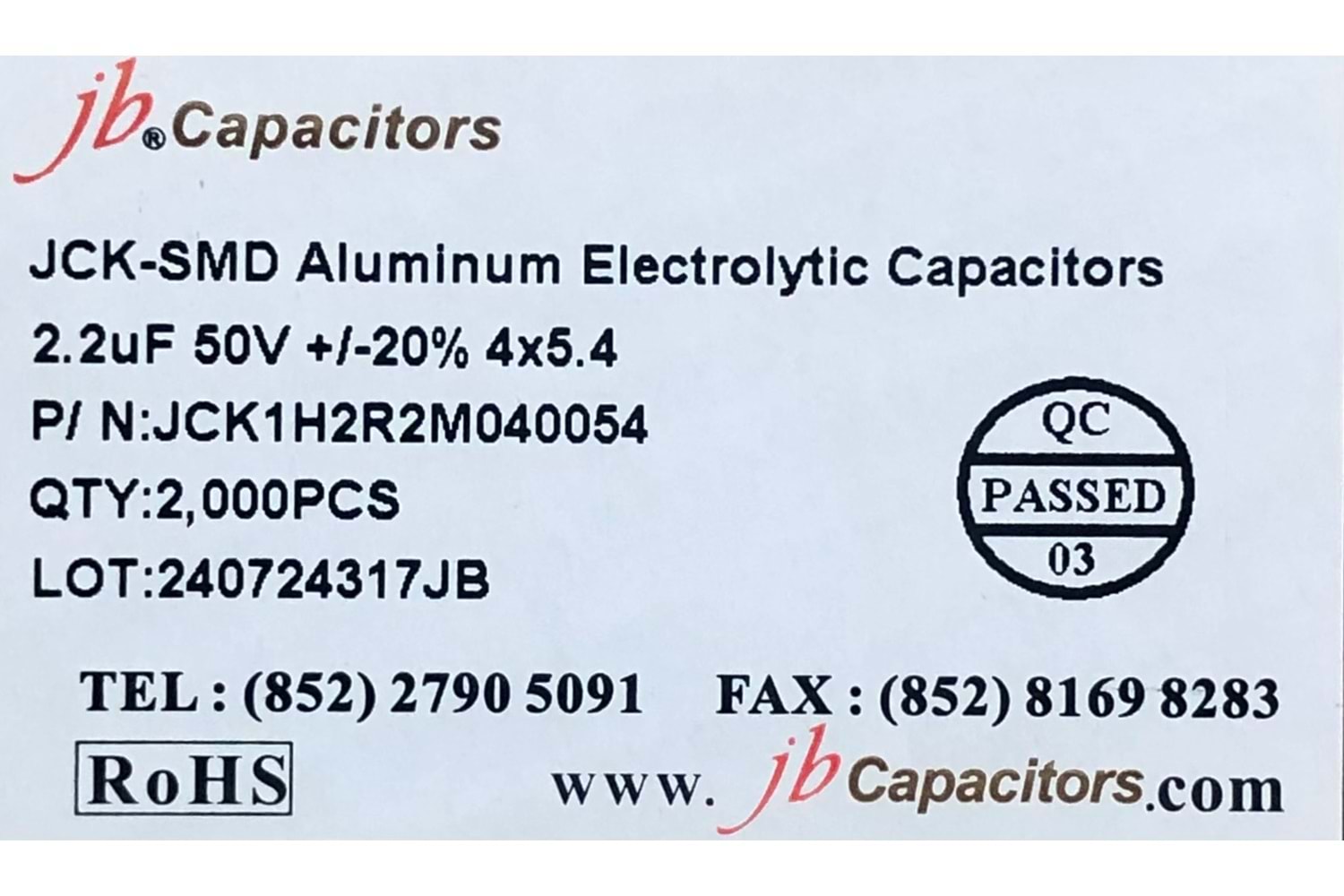 JCK1H2R2M040054 - 2.2uF 50V +/-20% 4*5.4mm 105' T/R RoHS SMD Aluminum Electrolytic Capacitors