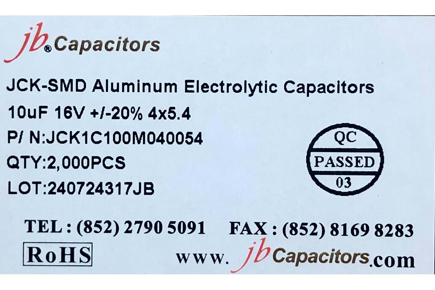 JCK1C100M040054 - 10uF 16V +/-20% 4*5.4mm 105' T/R RoHS SMD Aluminum Electrolytic Capacitors