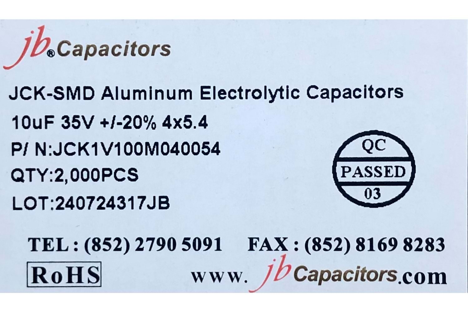JCK1V100M040054 - 10uF 35V +/-20% 4*5.4mm 105' T/R RoHS SMD Aluminum Electrolytic Capacitors