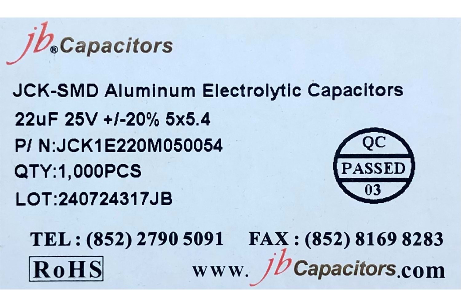 JCK1E220M050054 - 22uF 25V +/-20% 5*5.4mm 105' T/R RoHS SMD Aluminum Electrolytic Capacitors