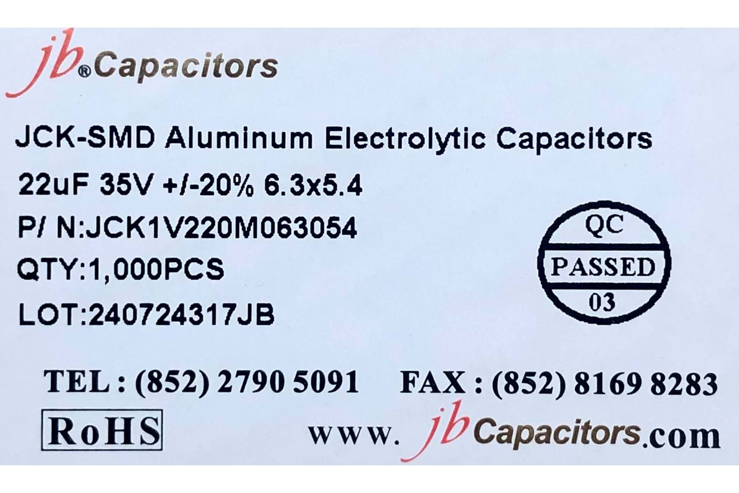JCK1V220M063054 - 22uF 35V +/-20% 6.3*5.4mm 105' T/R RoHS SMD Aluminum Electrolytic Capacitors