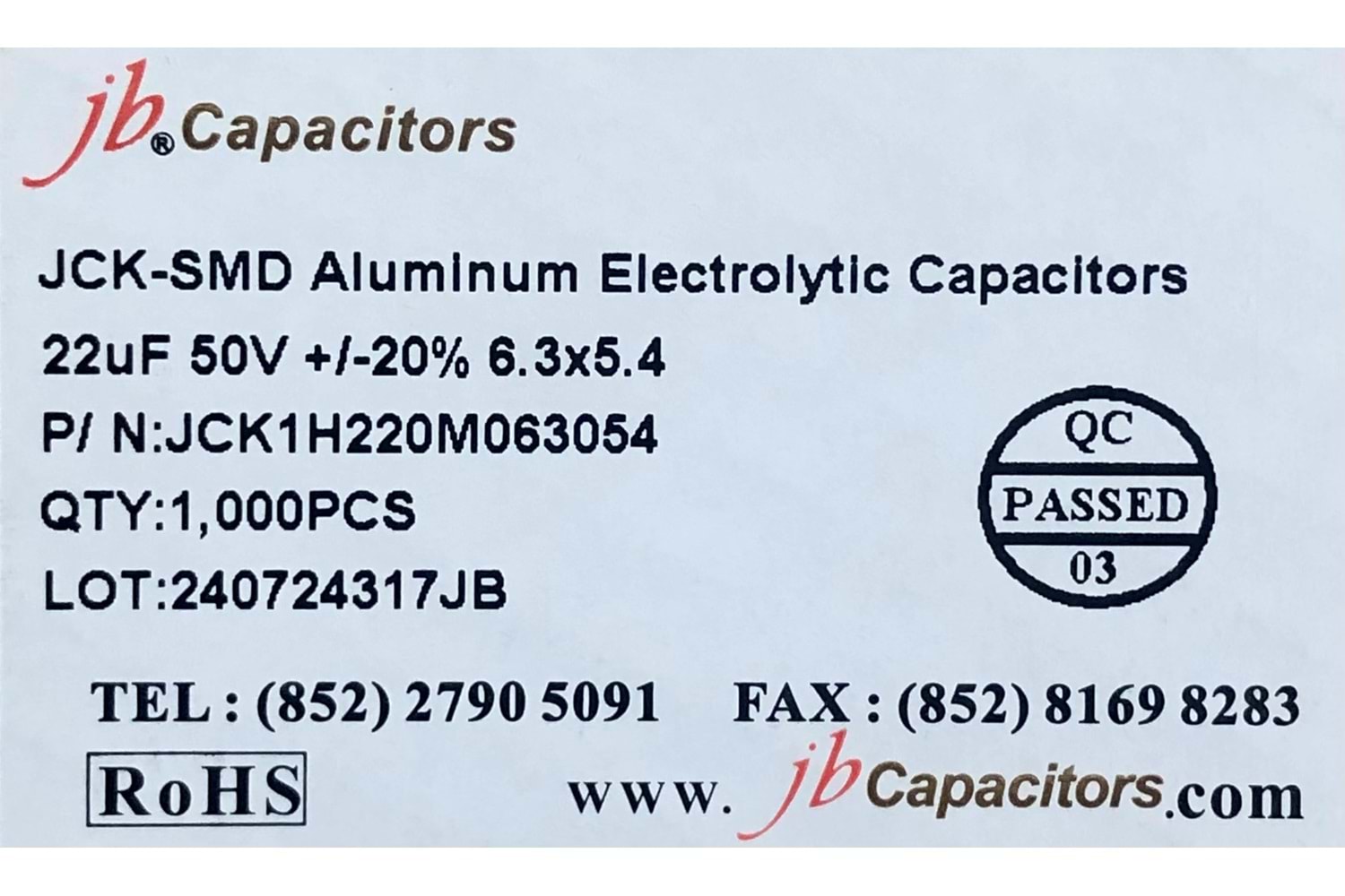 JCK1H220M063054 - 22uF 50V +/-20% 6.3*5.4mm 105' T/R RoHS SMD Aluminum Electrolytic Capacitors