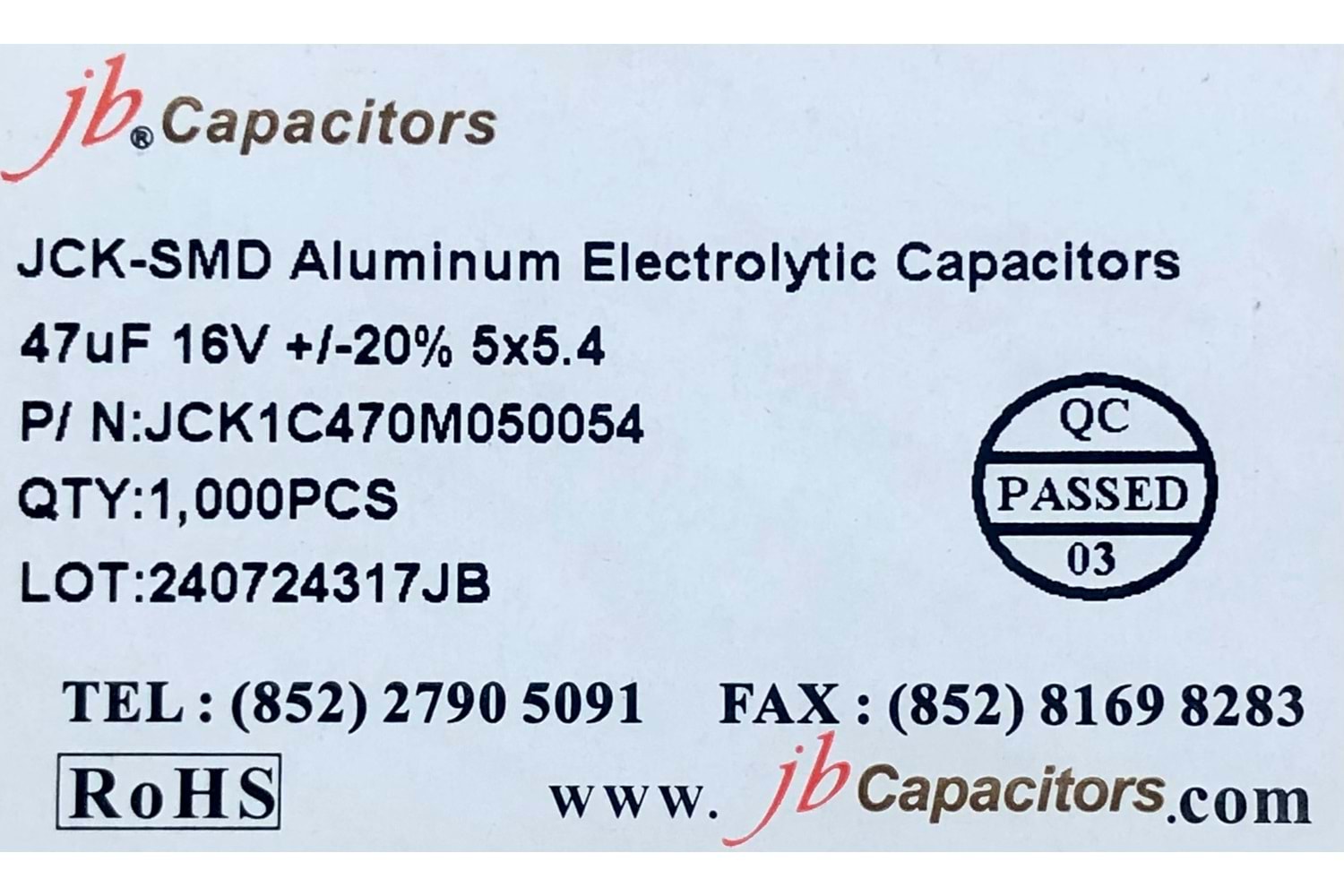 JCK1C470M050054 - 47uF 16V +/-20% 5*5.4mm 105' T/R RoHS SMD Aluminum Electrolytic Capacitors