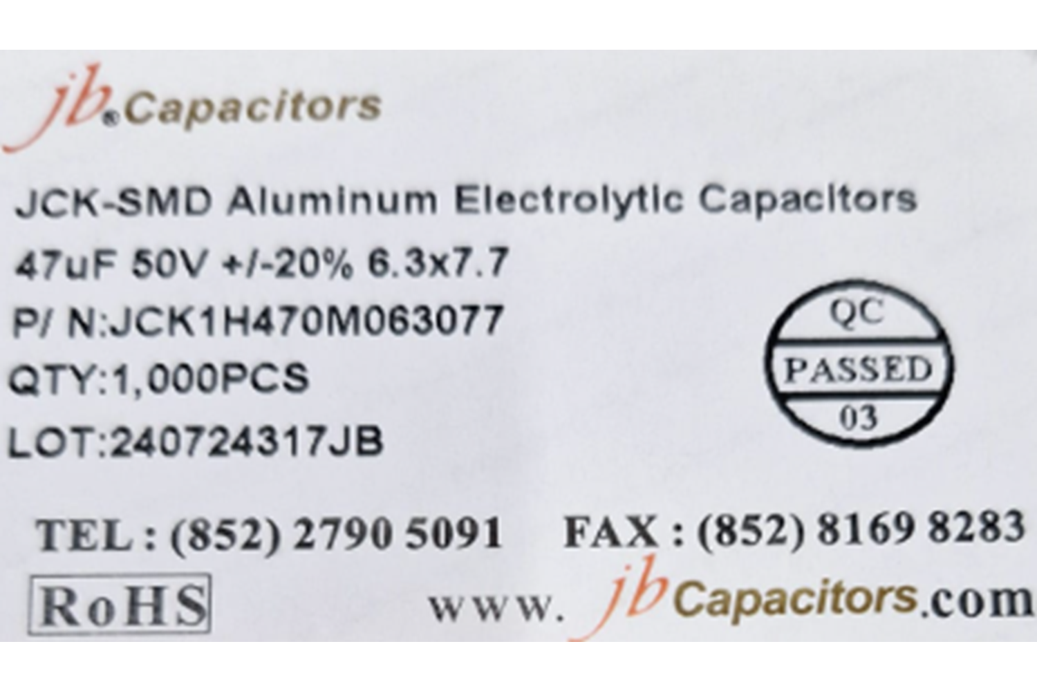 JCK1H470M063077 - 47uF 50V +/-20% 6.3*7.7mm 105' T/R RoHS SMD Aluminum Electrolytic Capacitors