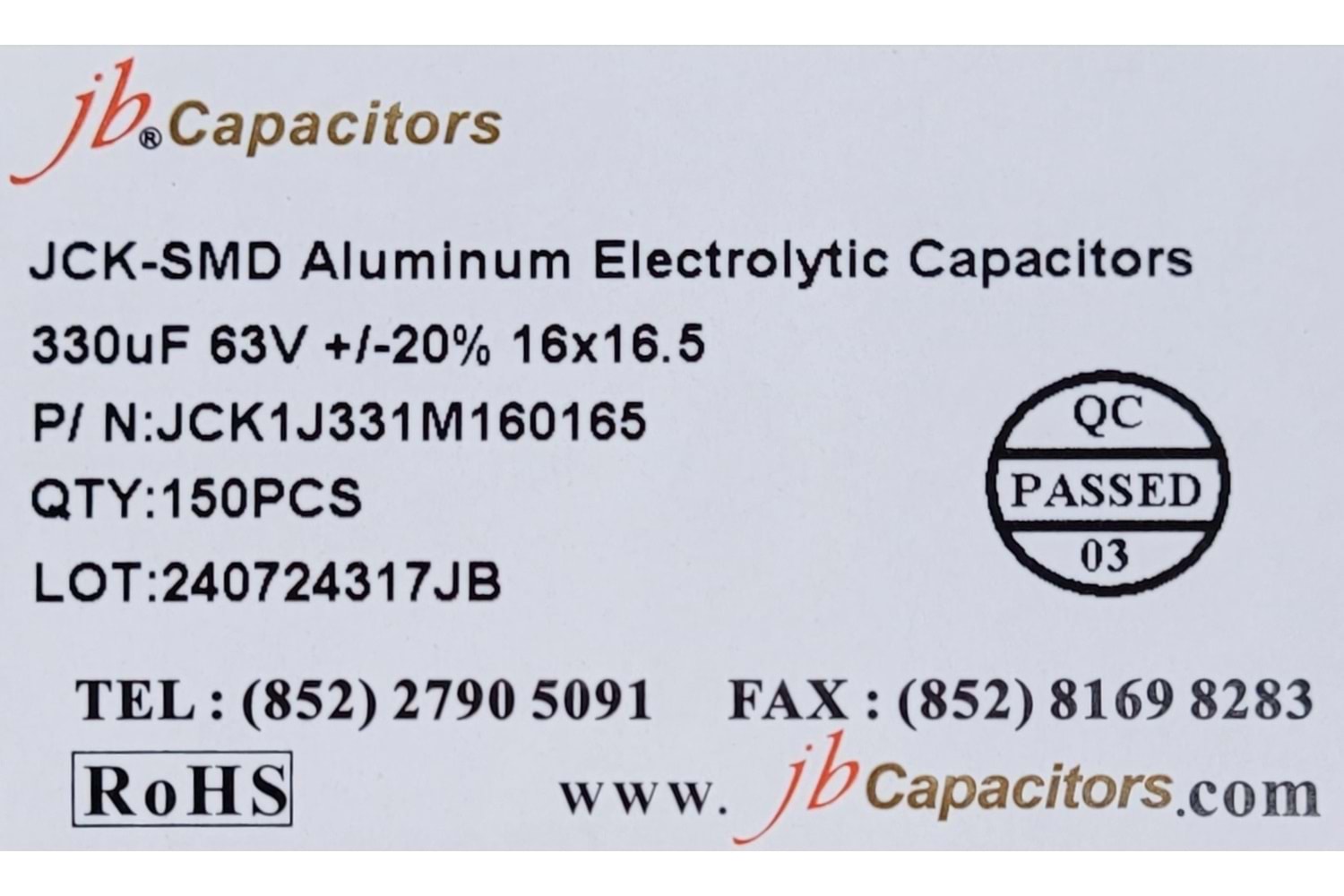 JCK1J331M160165 - 330uF 63V +/-20% 16*16.5mm 105' T/R RoHS SMD Aluminum Electrolytic Capacitors