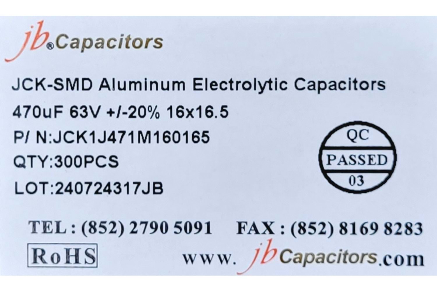 JCK1J471M160165 - 470uF 63V +/-20% 16*16.5mm 105' T/R RoHS SMD Aluminum Electrolytic Capacitors