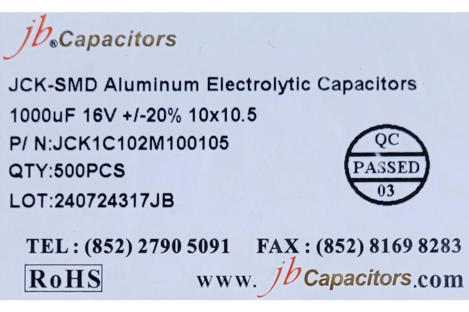 JCK1C102M100105 - 1000uF 16V +/-20% 10*10.5mm 105' T/R RoHS SMD Aluminum Electrolytic Capacitors