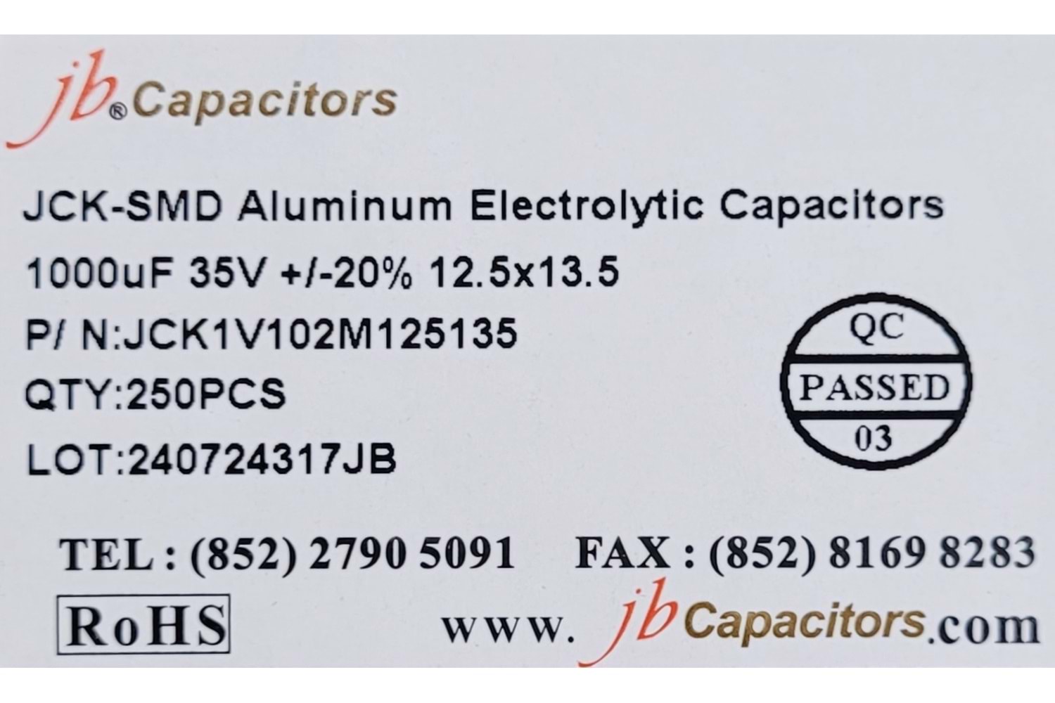 JCK1V102M125135 - 1000uF 35V +/-20% 12.5*13.5mm 105' T/R RoHS SMD Aluminum Electrolytic Capacitors