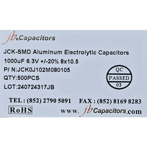 JCK0J102M080105 - 1000uF 6.3V +/-20% 8*10.5mm 105' T/R RoHS SMD Aluminum Electrolytic Capacitors