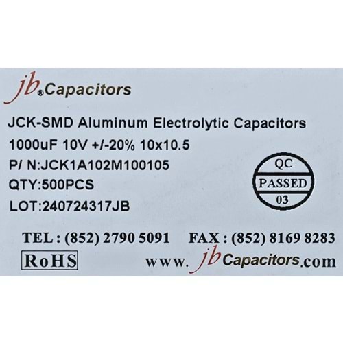 JCK1A102M100105 - 1000uF 10V +/-20% 10*10.5mm 105' T/R RoHS SMD Aluminum Electrolytic Capacitors