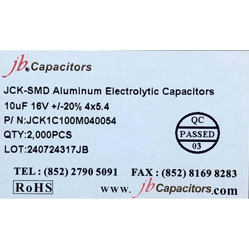 JCK1C100M040054 - 10uF 16V +/-20% 4*5.4mm 105' T/R RoHS SMD Aluminum Electrolytic Capacitors