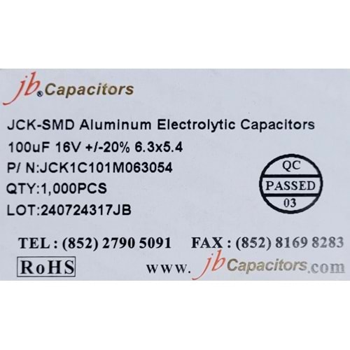 JCK1C101M063054 - 100uF 16V +/-20% 6.3*5.4mm 105' T/R RoHS SMD Aluminum Electrolytic Capacitors