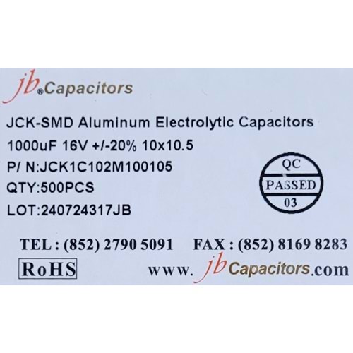 JCK1C102M100105 - 1000uF 16V +/-20% 10*10.5mm 105' T/R RoHS SMD Aluminum Electrolytic Capacitors