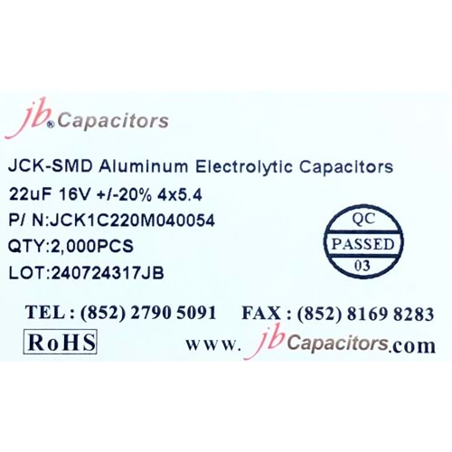 JCK1C220M040054 - 22uF 16V +/-20% 4*5.4mm 105' T/R RoHS SMD Aluminum Electrolytic Capacitors