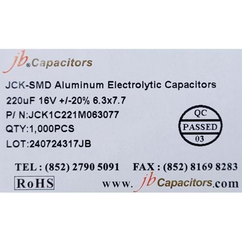 JCK1C221M063077 - 220uF 16V +/-20% 6.3*7.7mm 105' T/R RoHS SMD Aluminum Electrolytic Capacitors