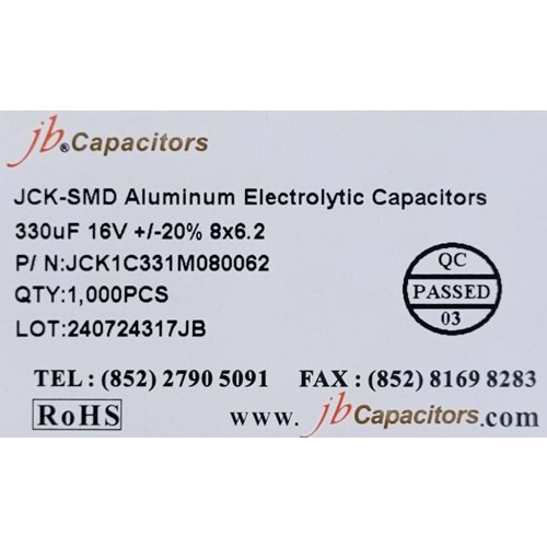 JCK1C331M080062 - 330uF 16V +/-20% 8*6.2mm 105' T/R RoHS SMD Aluminum Electrolytic Capacitors