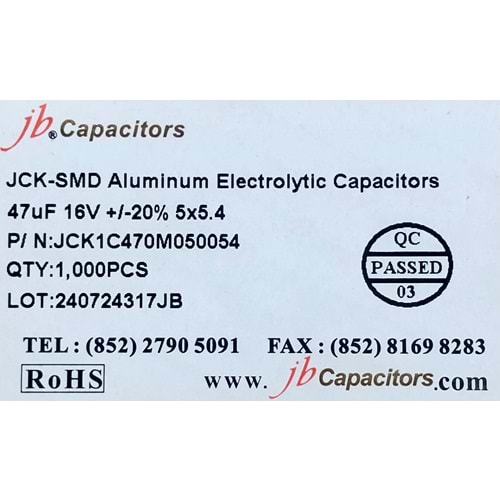 JCK1C470M050054 - 47uF 16V +/-20% 5*5.4mm 105' T/R RoHS SMD Aluminum Electrolytic Capacitors