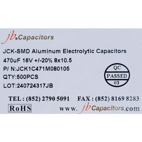 JCK1C471M080105 - 470uF 16V +/-20% 8*10.5mm 105' T/R RoHS SMD Aluminum Electrolytic Capacitors