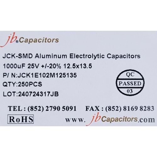 JCK1E102M125135 - 1000uF 25V +/-20% 12.5*13.5mm 105' T/R RoHS SMD Aluminum Electrolytic Capacitors