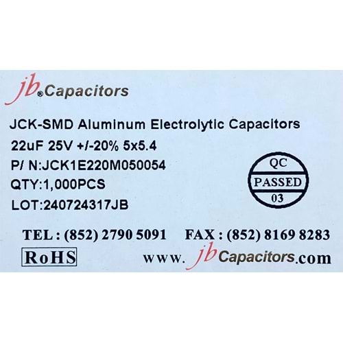 JCK1E220M050054 - 22uF 25V +/-20% 5*5.4mm 105' T/R RoHS SMD Aluminum Electrolytic Capacitors