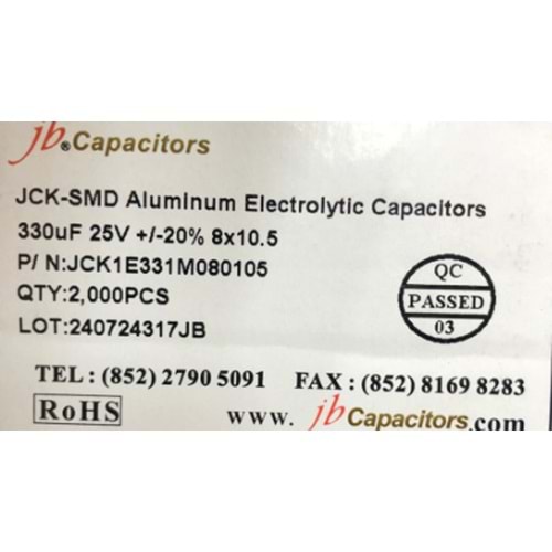 JCK1E331M080105 - 330uF 25V +/-20% 8*10.5mm 105' T/R RoHS SMD Aluminum Electrolytic Capacitors