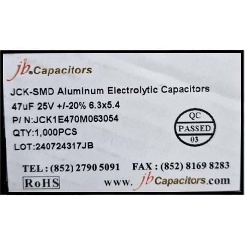 JCK1E470M063054 - 47uF 25V +/-20% 6.3*5.4mm 105' T/R RoHS SMD Aluminum Electrolytic Capacitors