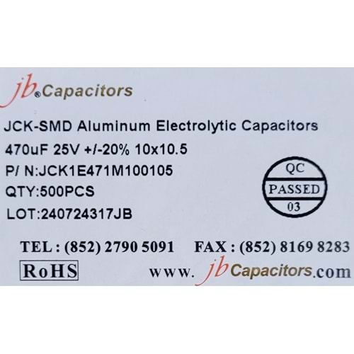 JCK1E471M100105 - 470uF 25V +/-20% 10*10.5mm 105' T/R RoHS SMD Aluminum Electrolytic Capacitors