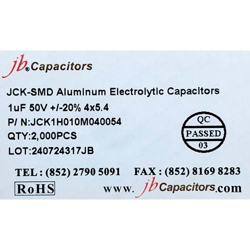 JCK1H010M040054 - 1uF 50V +/-20% 4*5.4mm 105' T/R RoHS SMD Aluminum Electrolytic Capacitors