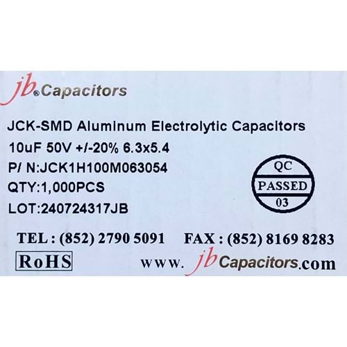 JCK1H100M063054 - 10uF 50V +/-20% 6.3*5.4mm 105' T/R RoHS SMD Aluminum Electrolytic Capacitors