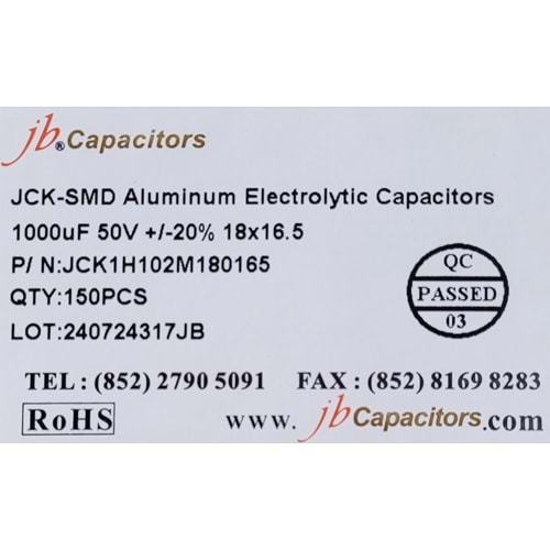 JCK1H102M180165 - 1000uF 50V +/-20% 18*16.5mm 105' T/R RoHS SMD Aluminum Electrolytic Capacitors