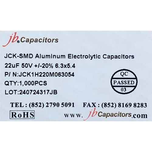 JCK1H220M063054 - 22uF 50V +/-20% 6.3*5.4mm 105' T/R RoHS SMD Aluminum Electrolytic Capacitors