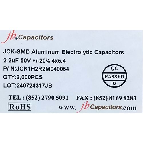 JCK1H2R2M040054 - 2.2uF 50V +/-20% 4*5.4mm 105' T/R RoHS SMD Aluminum Electrolytic Capacitors
