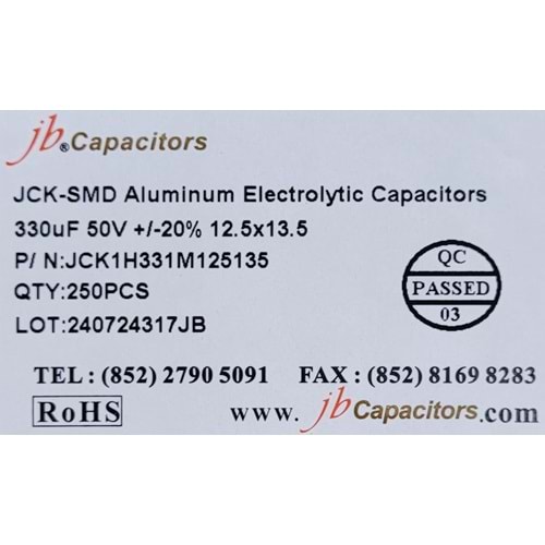 JCK1H331M125135 - 330uF 50V +/-20% 12.5*13.5mm 105' T/R RoHS SMD Aluminum Electrolytic Capacitors