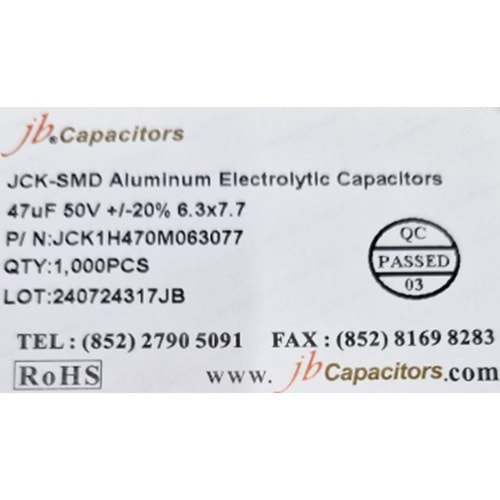JCK1H470M063077 - 47uF 50V +/-20% 6.3*7.7mm 105' T/R RoHS SMD Aluminum Electrolytic Capacitors