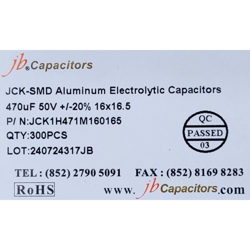 JCK1H471M160165 - 470uF 50V +/-20% 16*16.5mm 105' T/R RoHS SMD Aluminum Electrolytic Capacitors