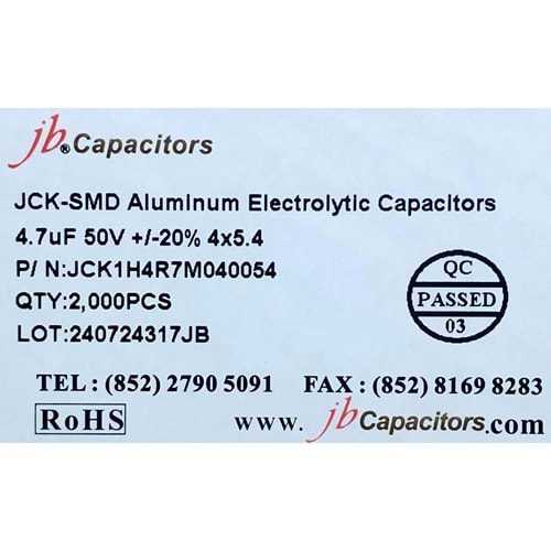 JCK1H4R7M040054 - 4.7uF 50V +/-20% 4*5.4mm 105' T/R RoHS SMD Aluminum Electrolytic Capacitors