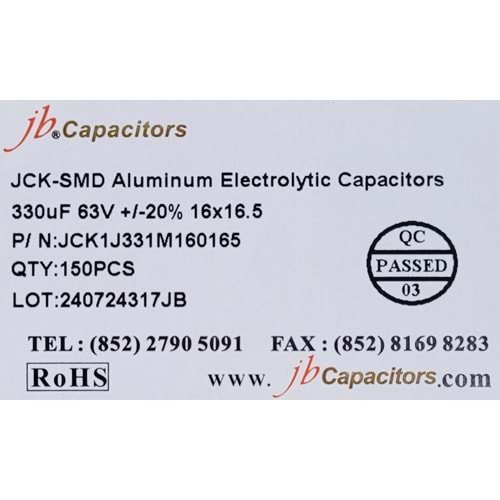JCK1J331M160165 - 330uF 63V +/-20% 16*16.5mm 105' T/R RoHS SMD Aluminum Electrolytic Capacitors