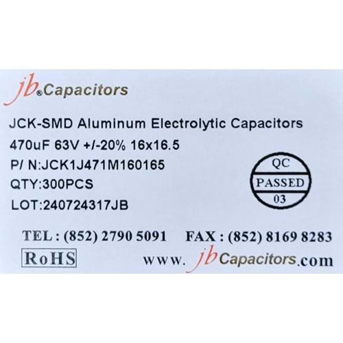JCK1J471M160165 - 470uF 63V +/-20% 16*16.5mm 105' T/R RoHS SMD Aluminum Electrolytic Capacitors