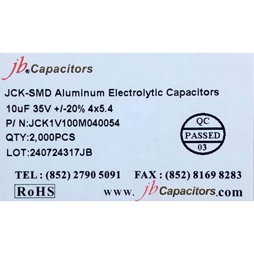 JCK1V100M040054 - 10uF 35V +/-20% 4*5.4mm 105' T/R RoHS SMD Aluminum Electrolytic Capacitors
