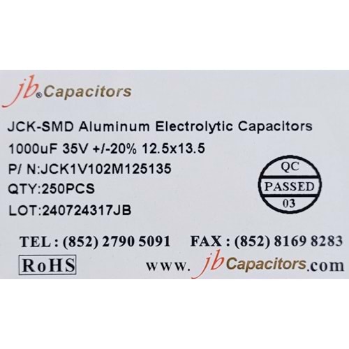 JCK1V102M125135 - 1000uF 35V +/-20% 12.5*13.5mm 105' T/R RoHS SMD Aluminum Electrolytic Capacitors