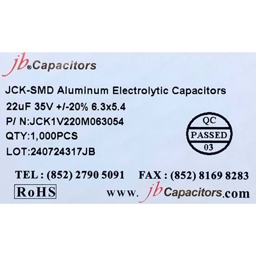 JCK1V220M063054 - 22uF 35V +/-20% 6.3*5.4mm 105' T/R RoHS SMD Aluminum Electrolytic Capacitors