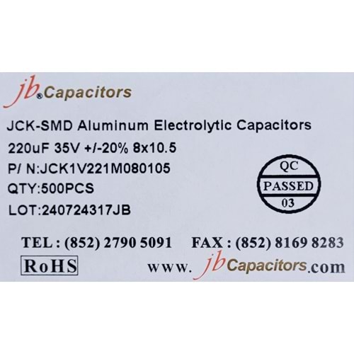 JCK1V221M080105 - 220uF 35V +/-20% 8*10.5mm 105' T/R RoHS SMD Aluminum Electrolytic Capacitors