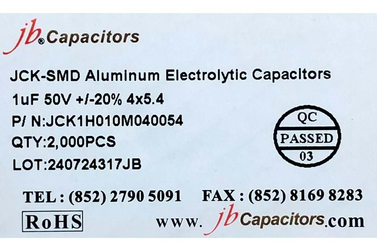 JCK1H010M040054 - 1uF 50V +/-20% 4*5.4mm 105' T/R RoHS SMD Aluminum Electrolytic Capacitors
