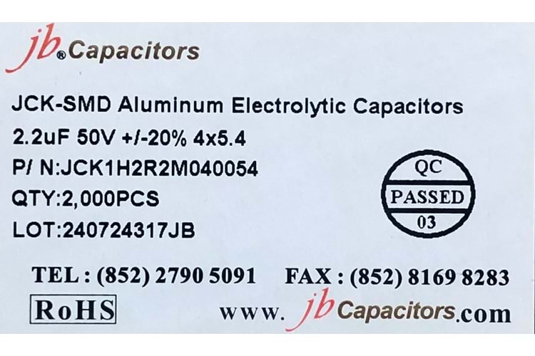 JCK1H2R2M040054 - 2.2uF 50V +/-20% 4*5.4mm 105' T/R RoHS SMD Aluminum Electrolytic Capacitors