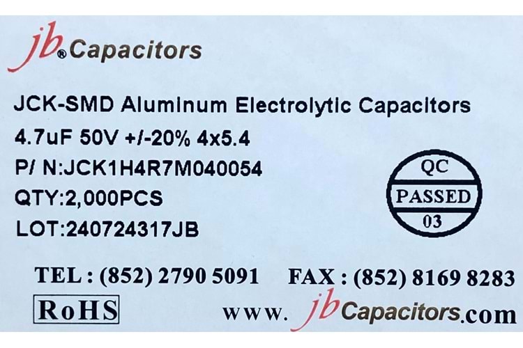 JCK1H4R7M040054 - 4.7uF 50V +/-20% 4*5.4mm 105' T/R RoHS SMD Aluminum Electrolytic Capacitors