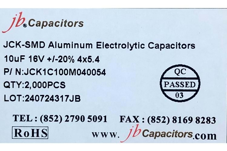 JCK1C100M040054 - 10uF 16V +/-20% 4*5.4mm 105' T/R RoHS SMD Aluminum Electrolytic Capacitors
