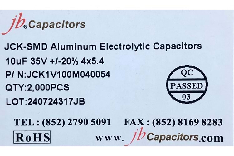 JCK1V100M040054 - 10uF 35V +/-20% 4*5.4mm 105' T/R RoHS SMD Aluminum Electrolytic Capacitors