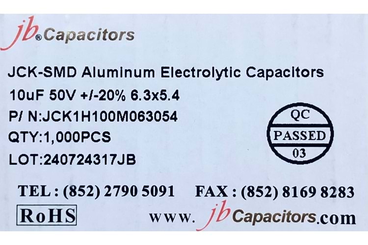 JCK1H100M063054 - 10uF 50V +/-20% 6.3*5.4mm 105' T/R RoHS SMD Aluminum Electrolytic Capacitors